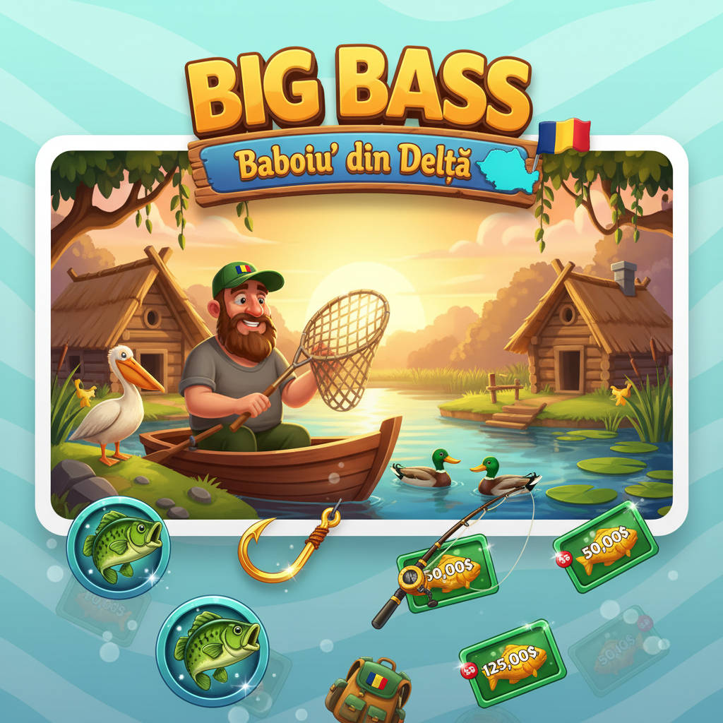 Big Bass Baboiu' din Delta slot med fiskare i båt, pelikan, och Donau Delta-tema med rumänsk flagga och Baboi-fisk scatter-symbol