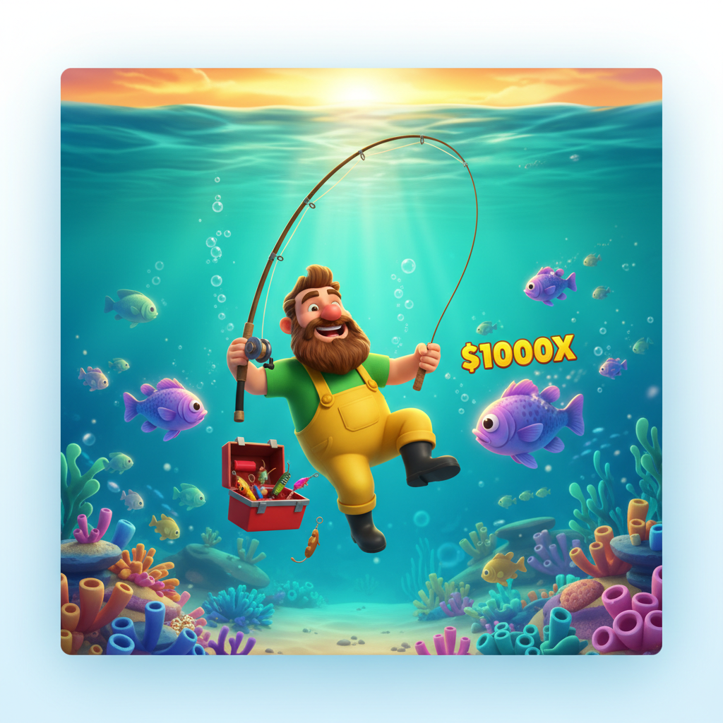 Big Bass Bonanza 1000 slot med fiskarkaraktär i gul overall under vattnet med turkost vatten och solnedgång