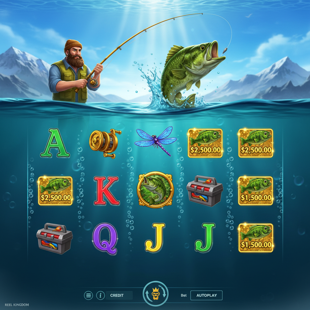 Big Bass Bonanza slot med fiskare, gäddaborre som hoppar ur vattnet, underwater scen med flöte, rullar och pengafiskar
