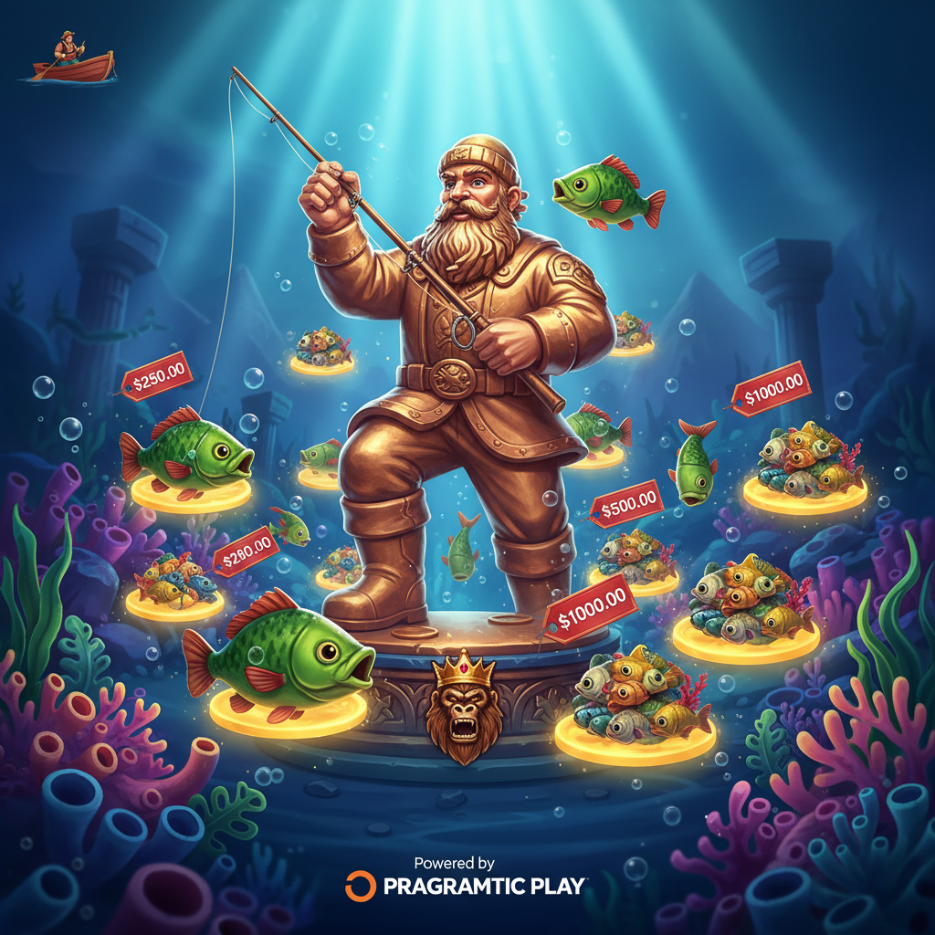 Big Bass Bonanza Keeping it Reel slot med gyllene fiskarestatyn, färgglada fiskar och undervattenstema med koraller och vattenväxter
