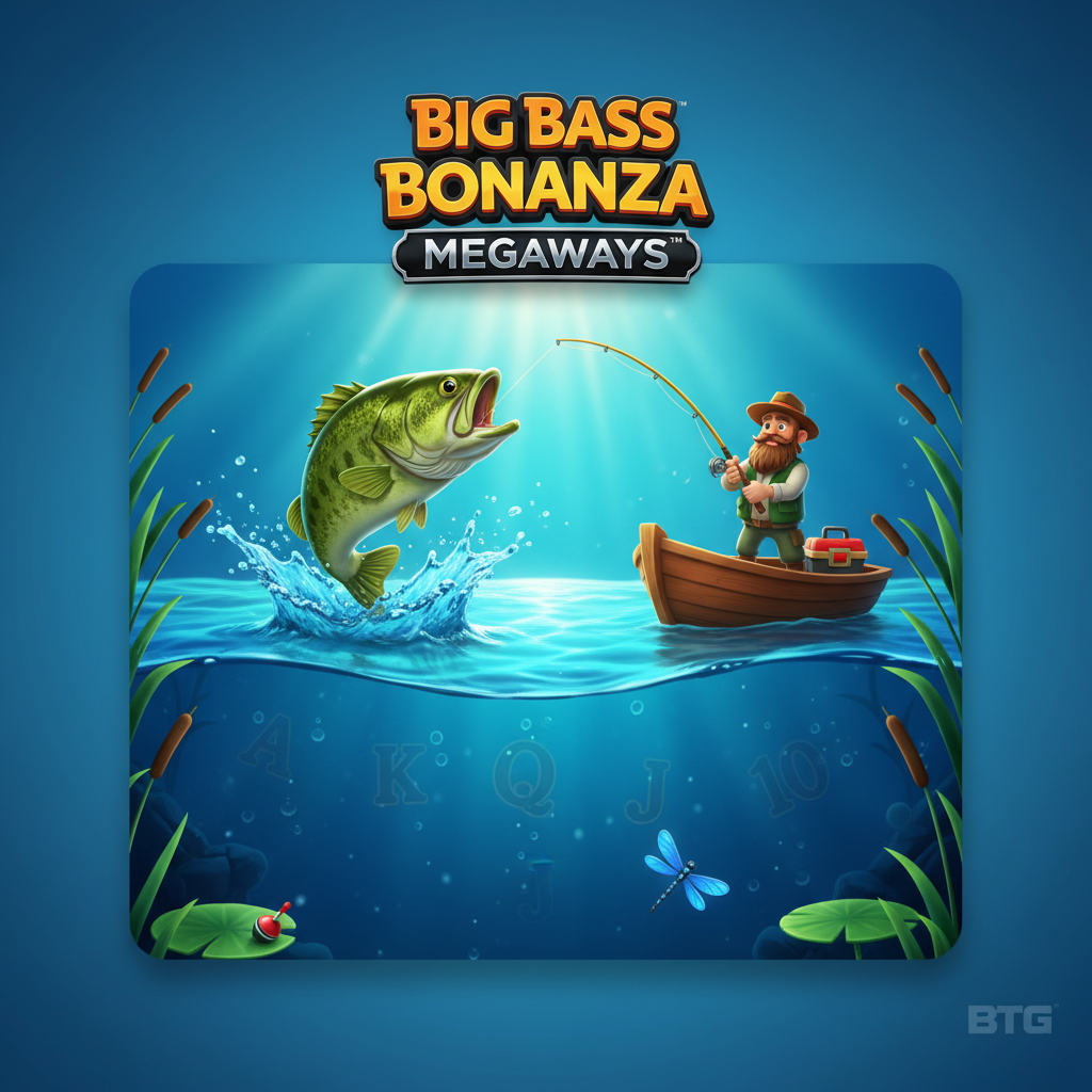 Big Bass Bonanza Megaways slot med fiskare, bas fisk som hoppar ur vattnet, Megaways logotype, underwater tema med kattören, tackle box och trollsländor