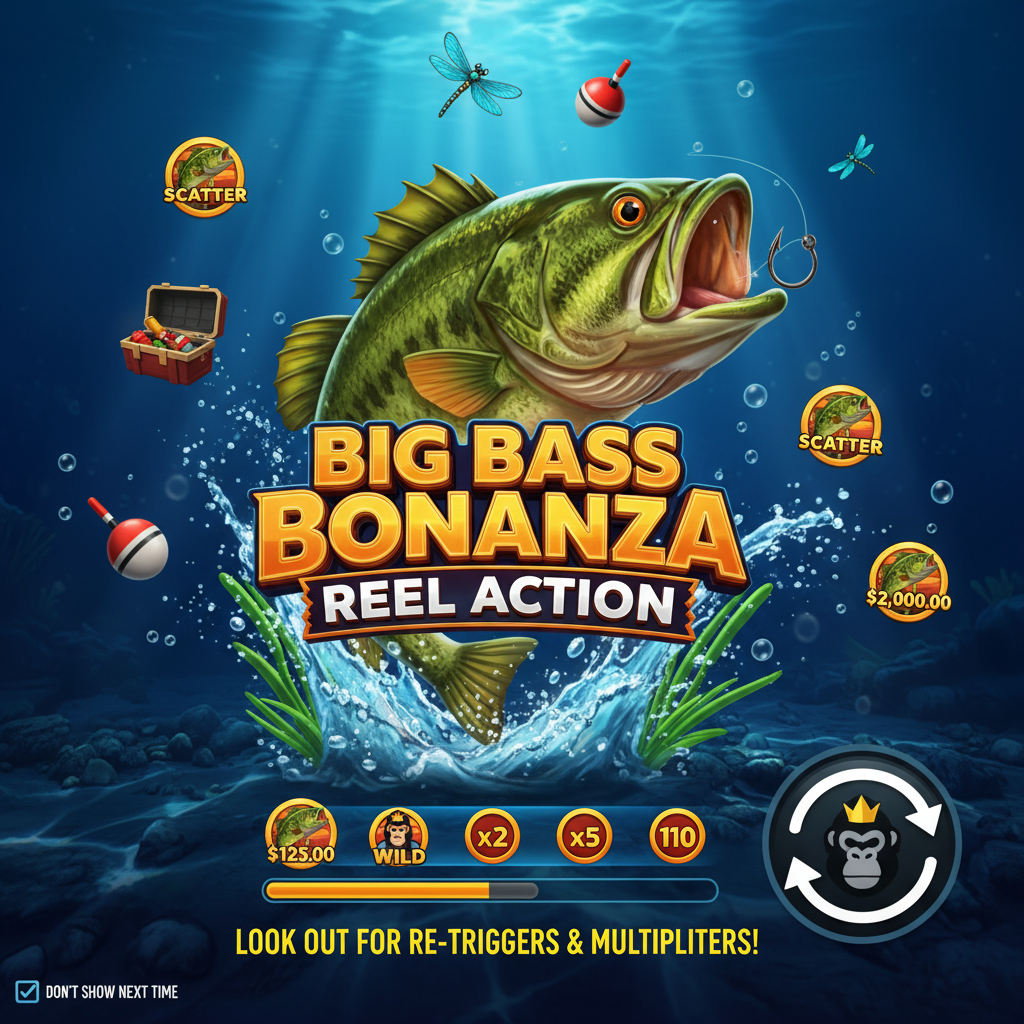 Big Bass Bonanza Reel Action slot från Pragmatic Play med undervattens fisketema, stor gös som hoppar ur vattnet, fiskeredskap och gyllene scatter-symboler