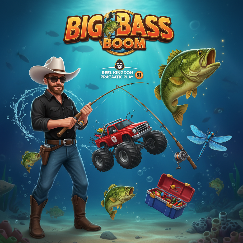 Big Bass Boom slot med fiskare, monster truck, dragonfly och bassymboler under vattenytan