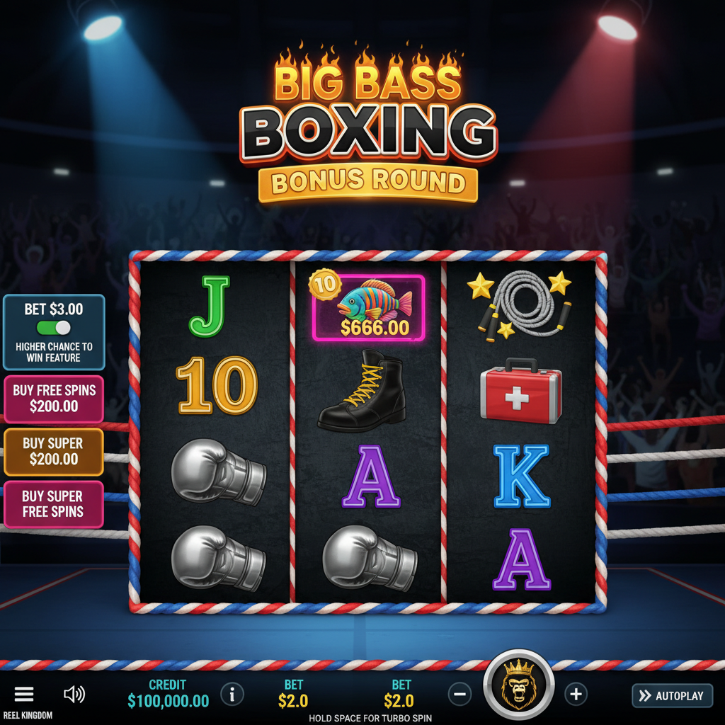 Big Bass Boxing Bonus Round slot med två boxare i röda och blåa shorts i boxningsring med spotlights och boxningshandskar, stövlar och fisksymboler på hjulen
