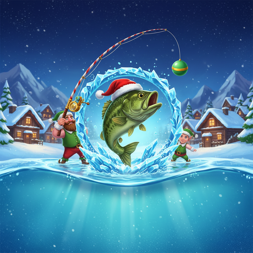 Big Bass Christmas Bash slot med fiskare i jultomteoutfit, grön bass med julhatt och isad vinterbakgrund med snöfall