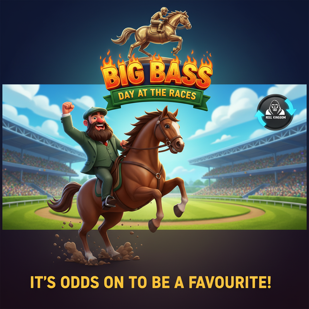 Big Bass Day at the Races slot med skäggig fiskare-jockey på brun häst, travbana med läktare i bakgrund, guldtroféstaty och eldiga orange speltiteln