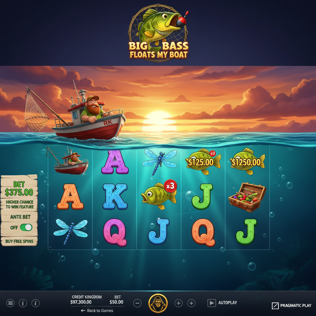 Big Bass Floats My Boat slot med fiskebåt, gädda som hoppar med flöte, solnedgång och undervattensscen med fiskaresymboler och penningvärden