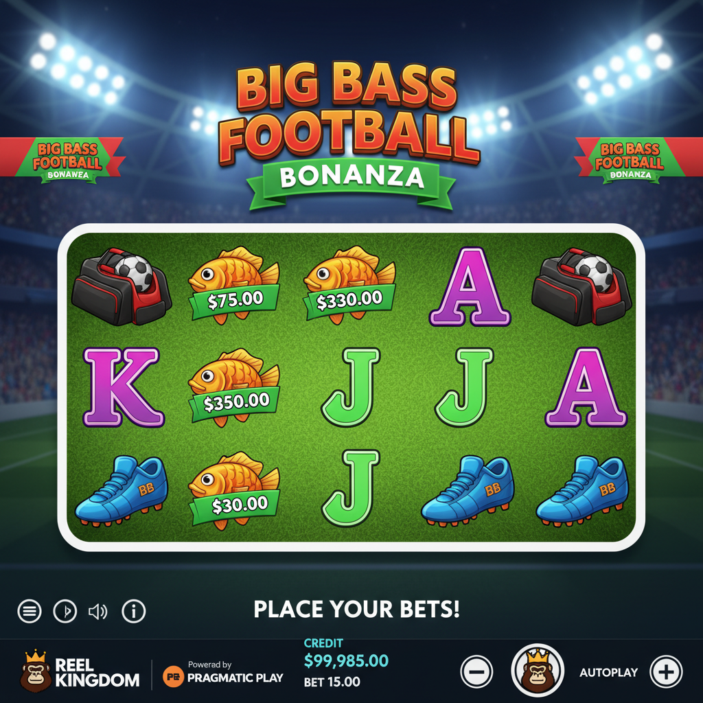 Big Bass Football Bonanza slot med fotbollsstadion, grönt gräs och fotbollsspelare med fisketema, 5 hjul och 3 rader