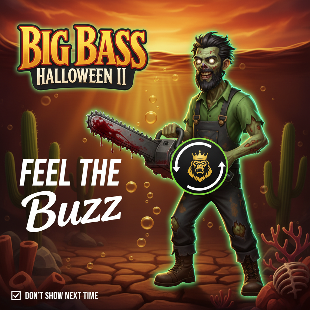 Big Bass Halloween 2 slot med zombie-fiskare som håller motorsåg, Halloween-tema med monster truck, undervattensmiljö, höstvibbar och skräckelement