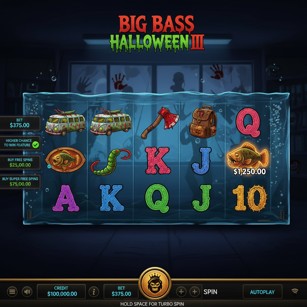 Big Bass Halloween III slot med zombie fiskare, blodig yxa, zombie fisk pengar symboler och halloween tema med fiskeäventyr