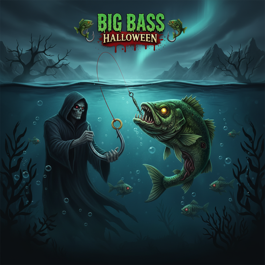 Big Bass Halloween slot med zombie-bass som letar efter byte i mörkt Halloween-vatten, grim reaper-fiskare med krok, läskiga skelettfiskar och kusligt undervattenstema