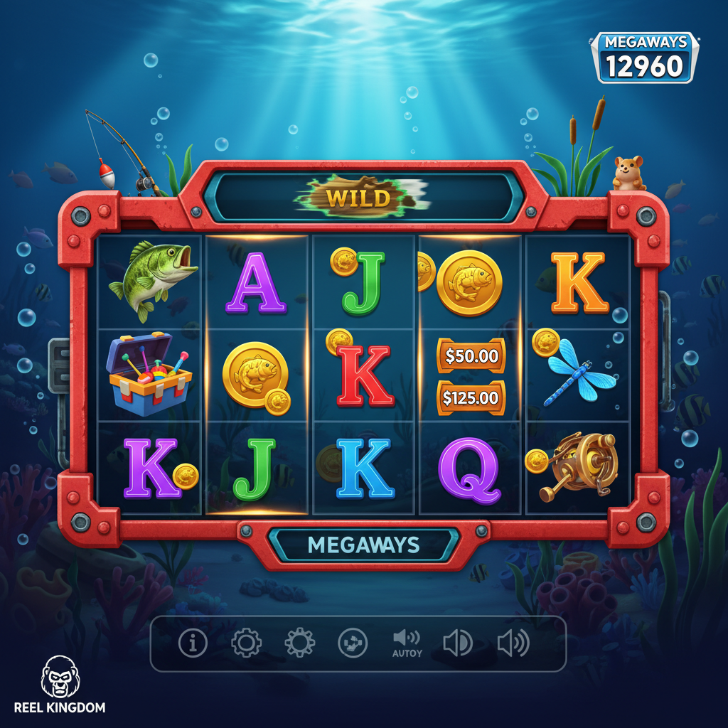Big Bass Hold & Spinner Megaways spelrutnät med fiskare, röd båt RK, guldmynt med fiskrelief, gröna bass-fiskar och undervattensscen med bubblor