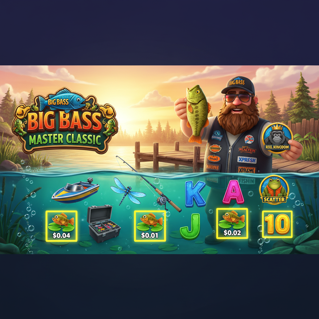 Big Bass Master Classic Jackpot Bonanza slotspel med 3D fiskarkaraktär, bassgädda, undervattensscen, fiskerulle och fiskesymboler från Pragmatic Play