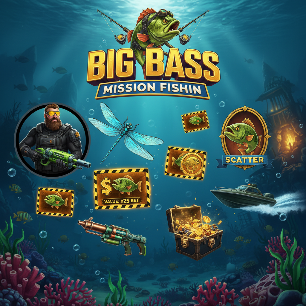 Big Bass Mission Fishin' slot med fiskare i taktisk utrustning, gröna basgäddor med SCATTER-banner och undervattensscen med koraller och glödande ljus