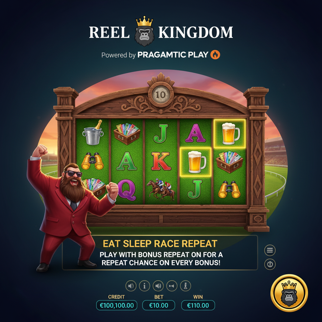 Big Bass Raceday Repeat slot med kapplöpningsbana, skäggig karaktär i röd kostym, jockeys på hästar och solnedgångshimmel