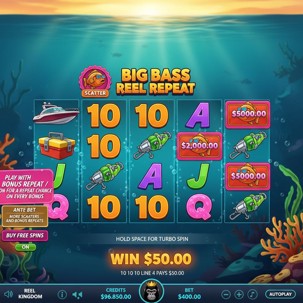 Big Bass Reel Repeat slot med fiskare, bass-fisk med 3D-glasögon, speedbåt och money symbols mot turkos undervattens bakgrund