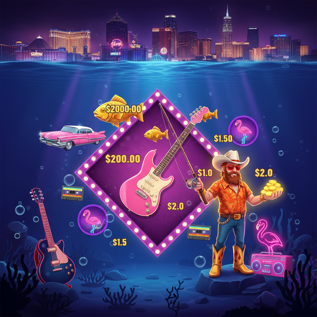 Big Bass Rock and Roll slot med fiskar cowboyfiskare med gyllene stövlar, rosa Cadillac, flamingo, kassettband och Las Vegas skyline under vattnet med neonljus