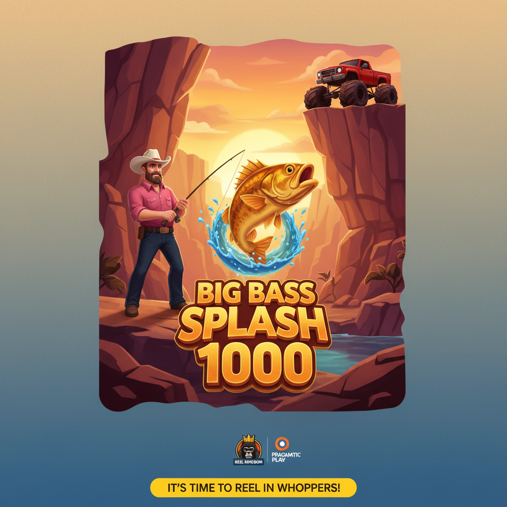 Big Bass Splash 1000 slot från Pragmatic Play med fiskarkaraktär i cowboyhatt, gyllene bass-fisk, monster truck på klippkant och canyon-bakgrund vid solnedgång
