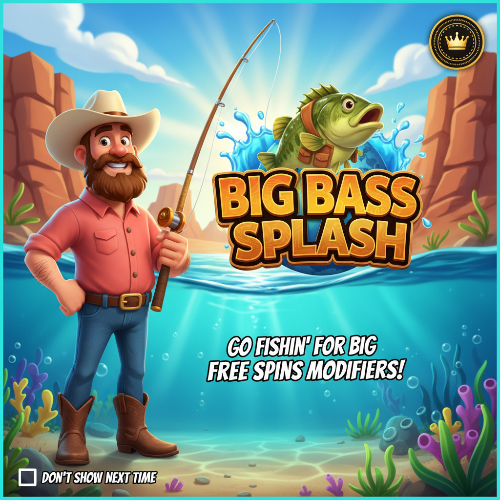 Big Bass Splash spelautomat med fiskare-karaktär i cowboyhatt och rosa skjorta, undervattenstemametiskt fiskespel med 3D-grafik