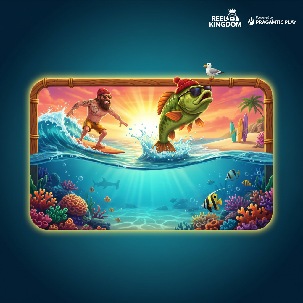 Big Bass Surf's Up slot med gröna basfiskar som hoppar ur vattnet, surfare med röd mössa, undervattensmiljö med korallrev och solnedgång, VW-buss och surfbrädor på strand