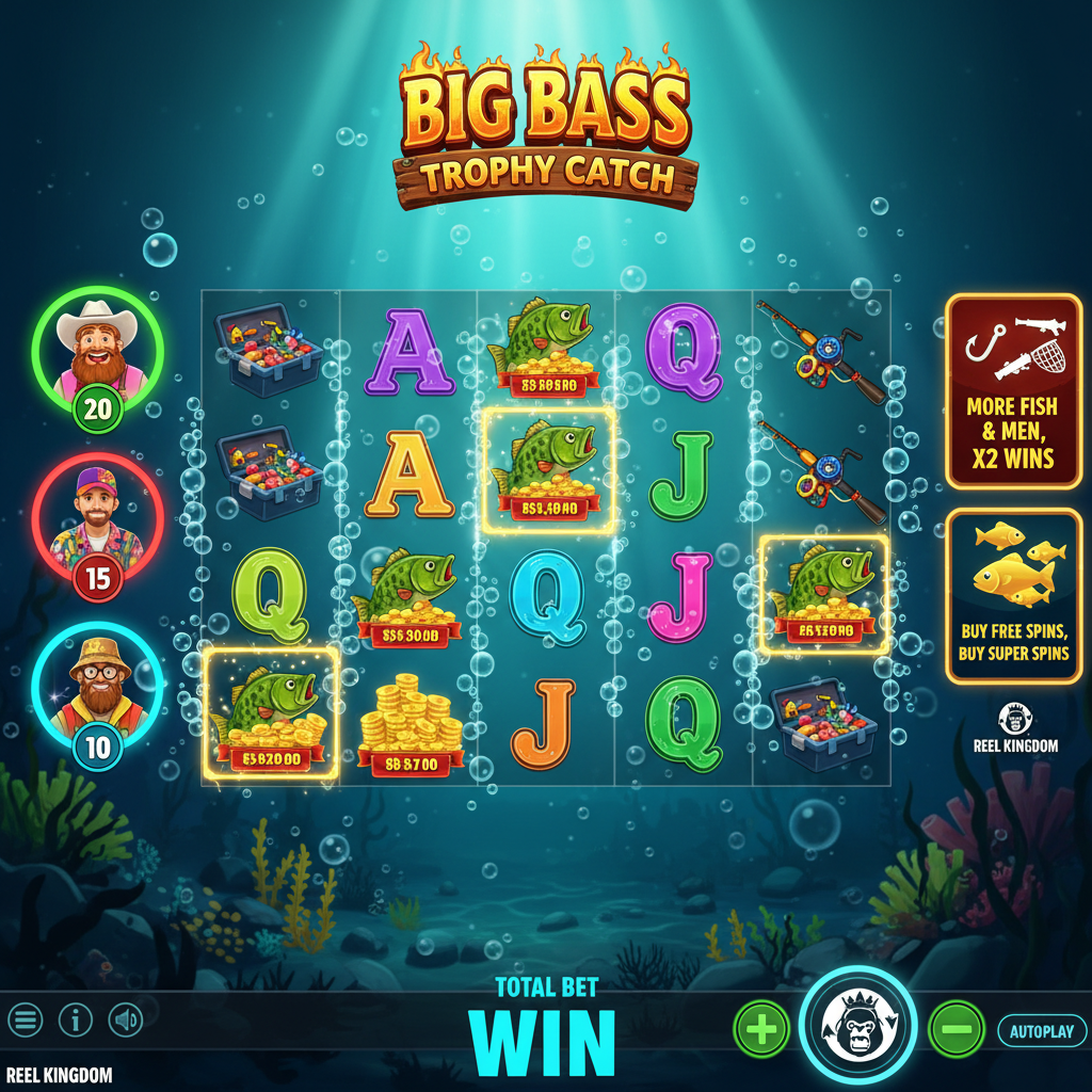Big Bass Trophy Catch spelöversikt med undervattensscen, gyllene bass-fiskar, färgglada fiskarsymboler med dollar-värden och tre fiskare som ger free spins