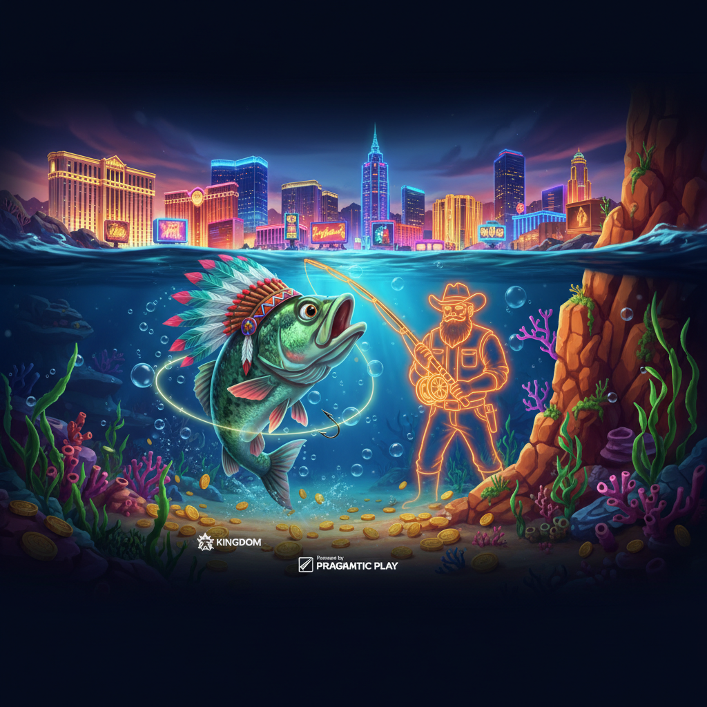 Big Bass Vegas Double Down Deluxe slot med undervattens Las Vegas tema, neonbelyst skyline, guldmynt på havsbotten och färgglad bass fisk med fjäderskrud