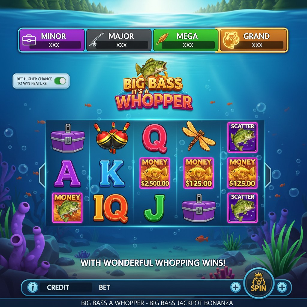 Big Bass It's a Whopper Jackpot Bonanza slot spelrutnät med fiskare, bas-fisk scatter symboler och gyllene Money symboler under vattnet