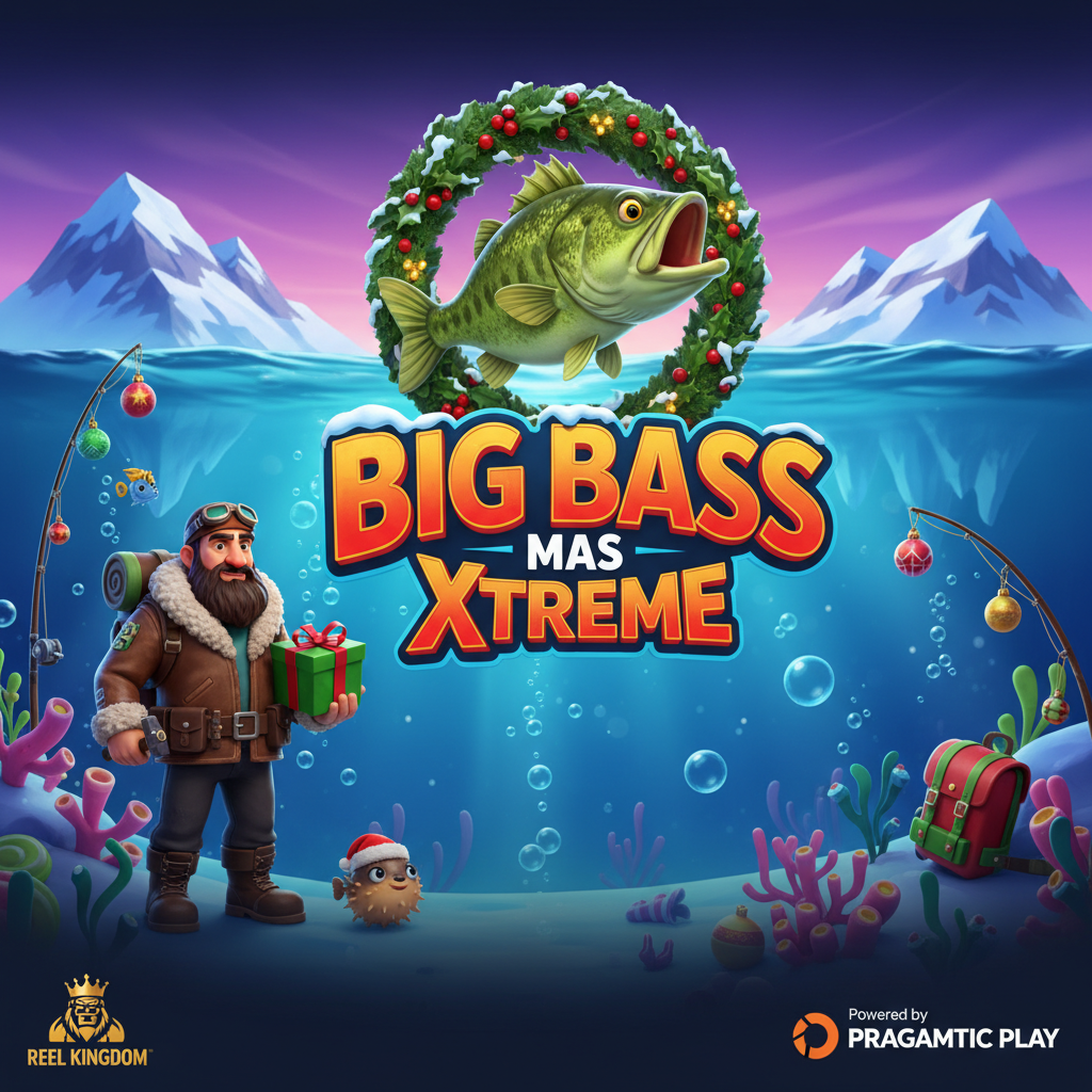 Big Bass Xmas Xtreme slot med julskäggig fiskare i vinterutrustning, grön julbas med krans, isig arktisk undervattensscen och julprydnader