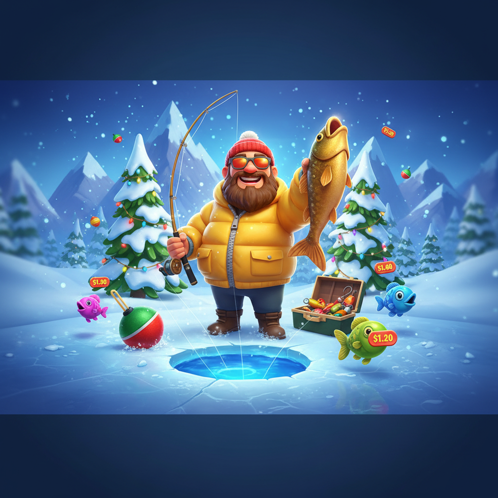 Bigger Bass Blizzard Christmas Catch slot med vinterfiskare i gul jacka och röd mössa på isfiske med julgranar och snöiga berg i bakgrunden