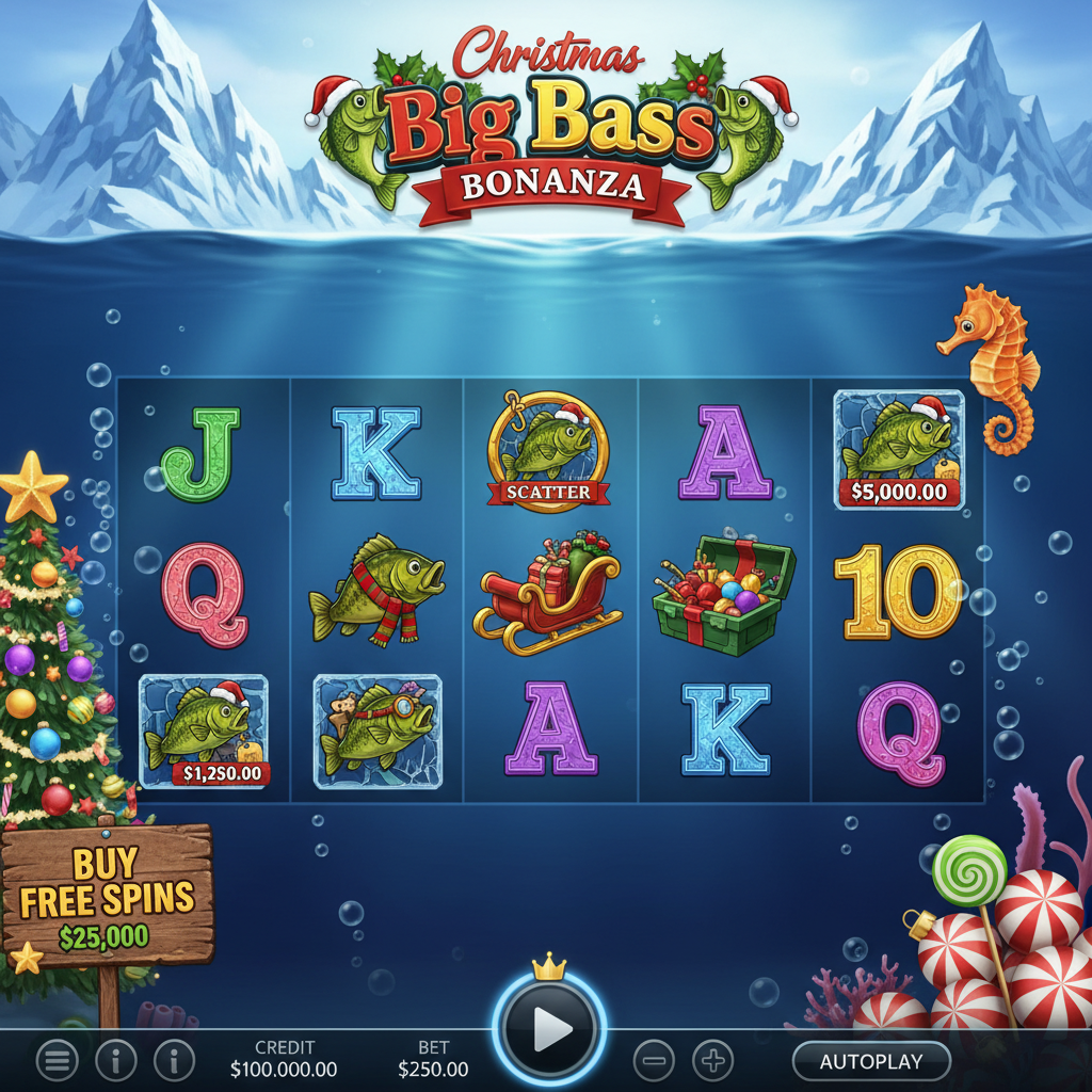 Christmas Big Bass Bonanza slot med undervattens julscen, fiskesymboler med julmössor, scatter-symbol och isiga bokstäver med snötoppar
